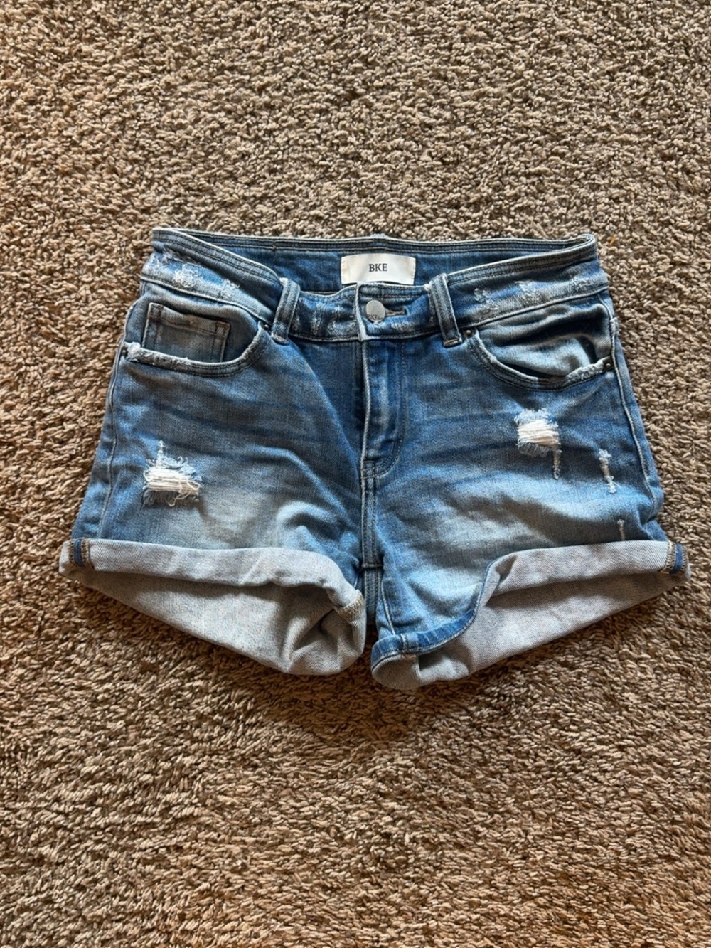 BKE Women's Light Blue Rolled Hem Distressed Denim Shorts